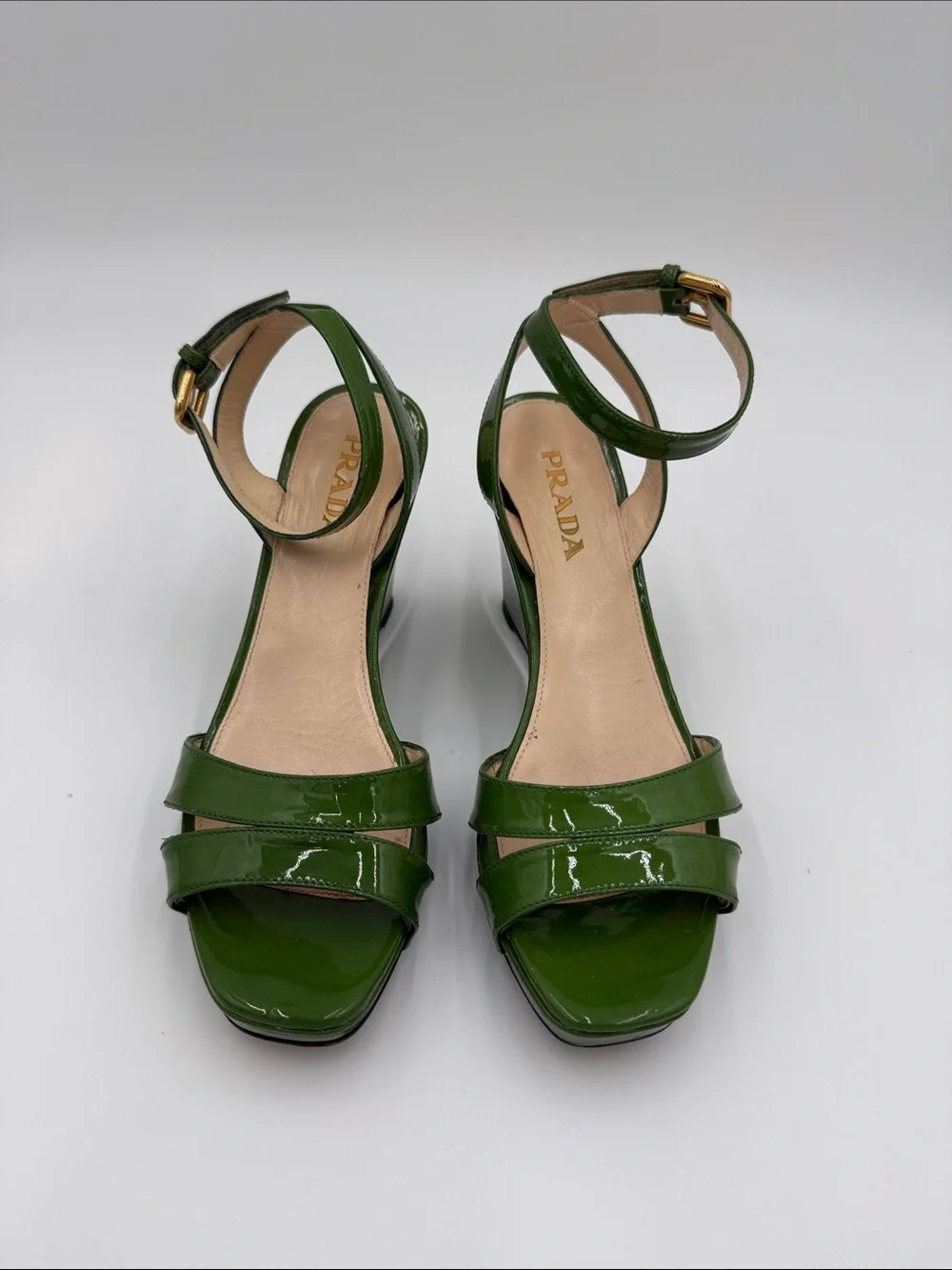 Prada Patent Green Wedge Sandals with Ankle Strap